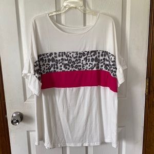 White and pink blouse with gray leopard print and ruffled sleeves